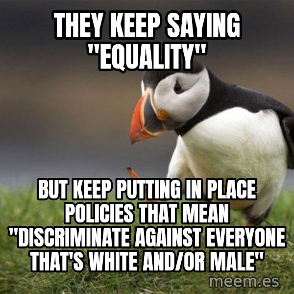 Unpopular Opinion Puffin meme: They keep saying "Equality" / but keep putting in place policies that mean "Discriminate against everyone that's white and/or male"
