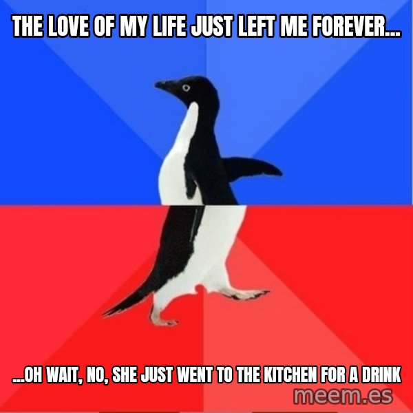 Socially Awkward to Awesome Penguin meme: The love of my life just left me forever... / ...Oh wait, no, she just went to the kitchen for a drink