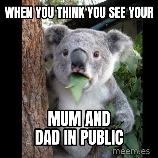Koala can't believe it meme: When you think you see your / Mum and dad in public
