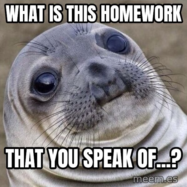 Awkward Seal meme: What is this homework / that you speak of...?