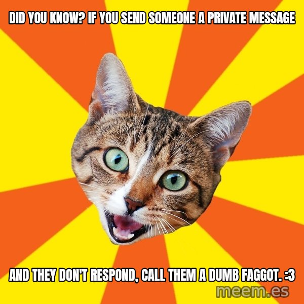 Bad Advice Cat meme: Did you know? If you send someone a private message / and they don't respond, call them a dumb faggot. :3