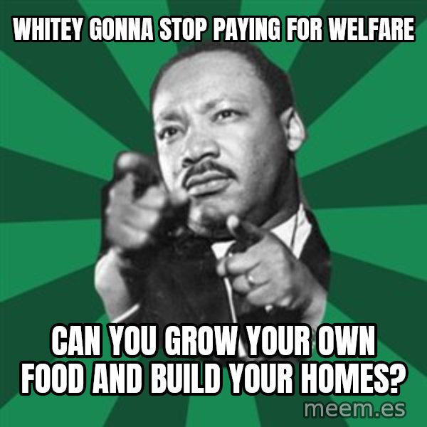 Martin Luther King jr.  meme: whitey gonna stop paying for welfare / can you grow your own food and build your homes?
