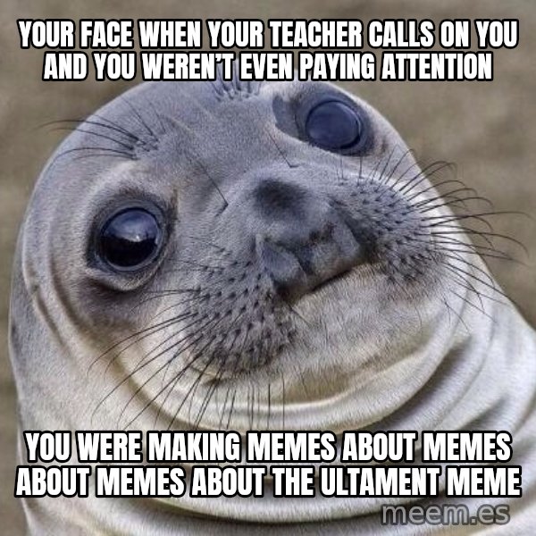 Awkward Seal meme: Your face when your Teacher calls On you and you weren’t even pAying attention / You were making memes about memes about memes About the ultament meMe
