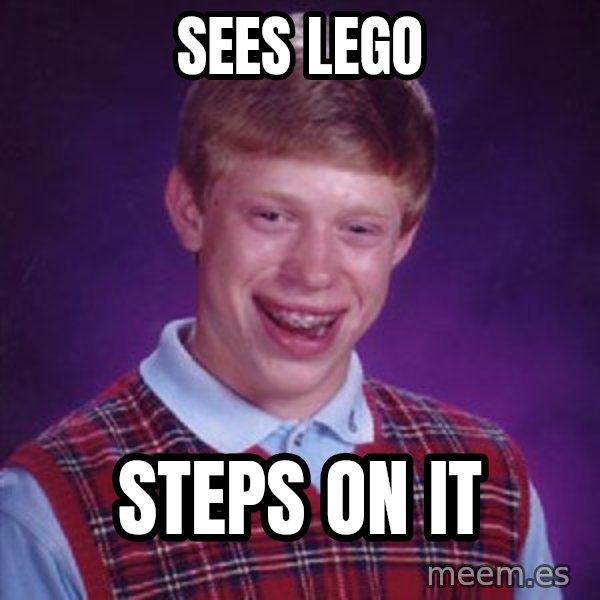 Bad Luck Brian meme: Sees lego / Steps on it