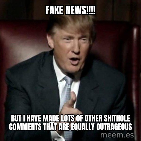 Donald Trump meme: FAKE NEWS!!!! / but i have made lots of other shithole comments that are equally outrageous