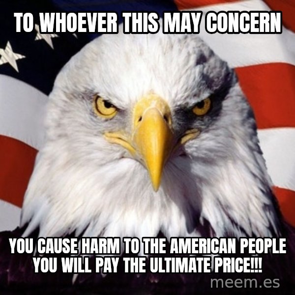 American Pride Eagle meme: To whoever this may concern / You cause harm to the American people you will pay the ultimate price!!!