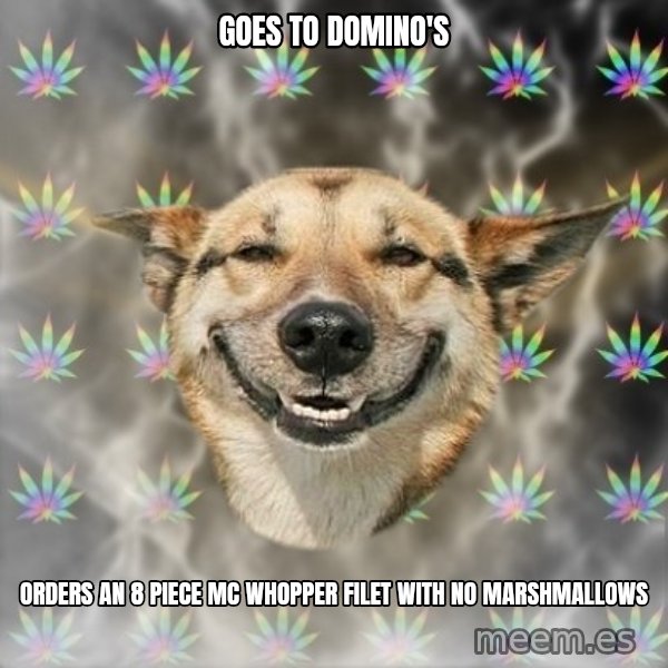 Stoner Dog meme: Goes to domino's / orders an 8 piece mc whopper filet with no marshmallows