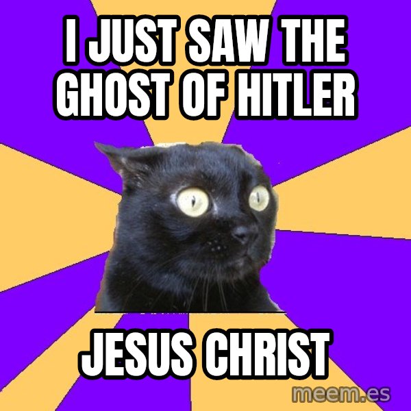 Anxiety Cat meme: I JUST SAW THE GHOST OF HITLER / JESUS CHRIST