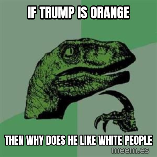 Philosoraptor meme: if trump is orange / then why does he like white people