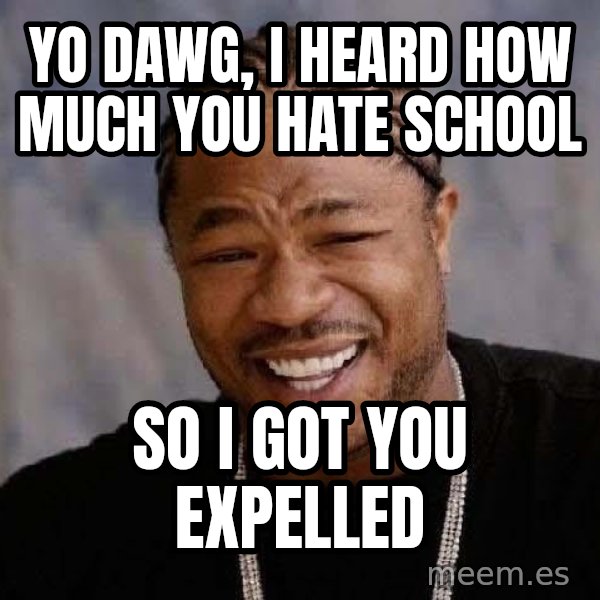 Yo Dawg meme: Yo dawg, I heard how much you hate school / so I got you expelled
