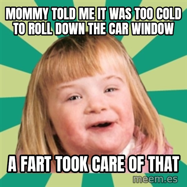 Retard girl meme: Mommy told me it was too cold to roll down the car window / A fart took care of that