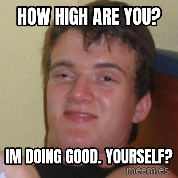 Really Stoned Guy meme: How high are you? / Im doing good. yourself?