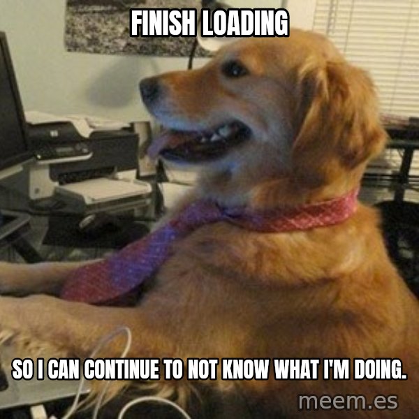 I have no idea what I'm doing - Dog with Tie meme: FINISH LOADING / SO I CAN CONTINUE TO NOT KNOW WHAT I'M DOING.