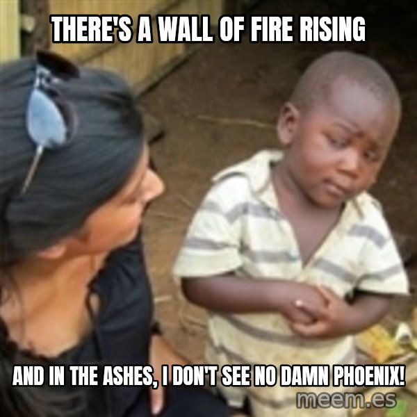 Skeptical african kid  meme: There's a Wall of Fire Rising / And in the ashes, I don't see no damn Phoenix!