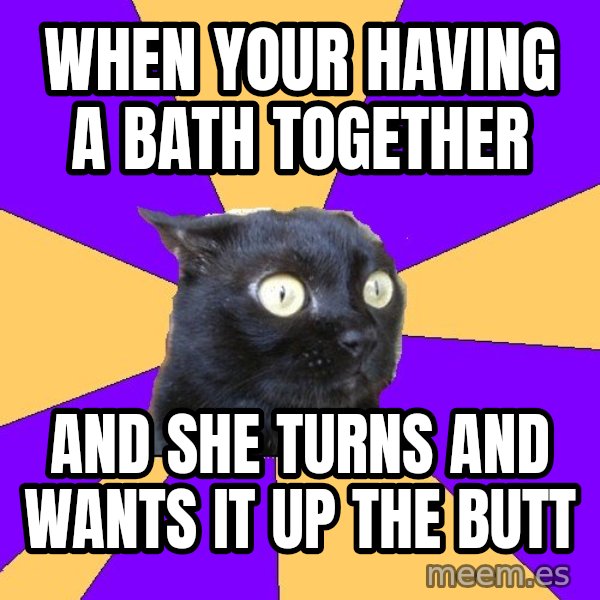 Anxiety Cat meme: when your having a bath together / and she turns and wants it up the butt