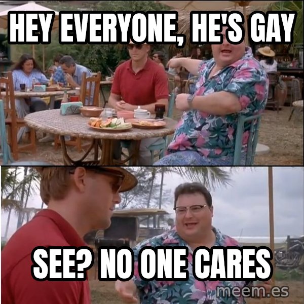 See? Nobody Cares meme: hey everyone, he's gay / see? no one cares
