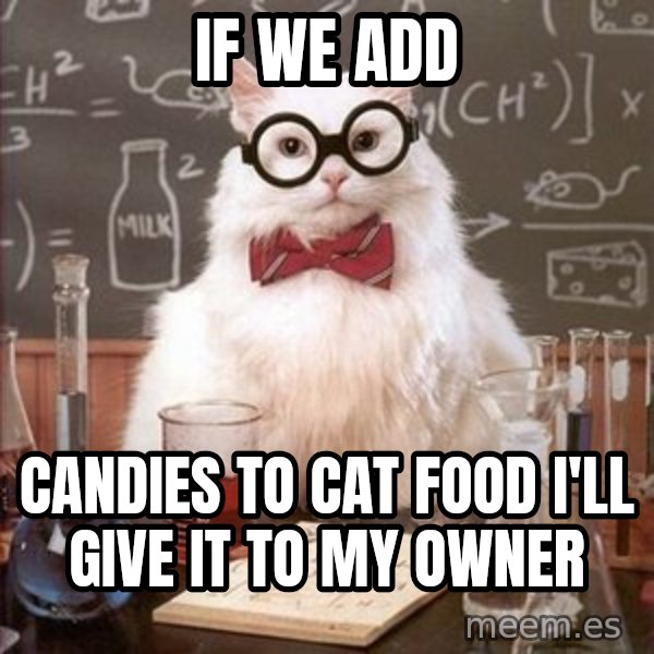 Chemistry Cat meme: If we add / candies to cat food I'll give it to my owner