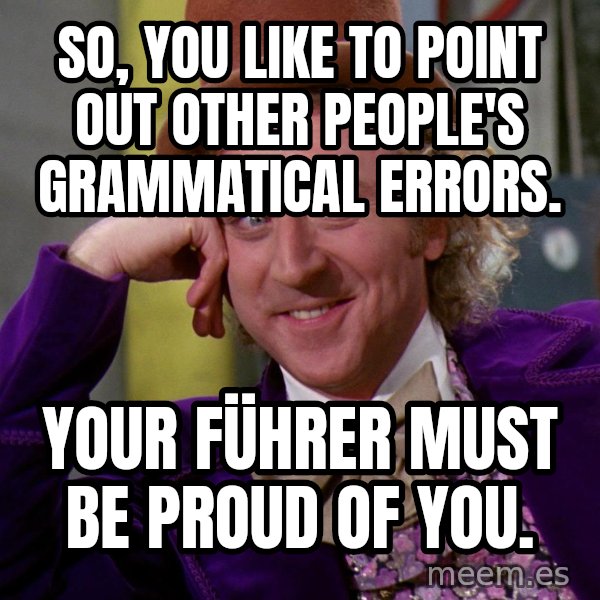 Willy Wonka meme: So, you like to point out other people's grammatical errors. / Your Führer must be proud of you.
