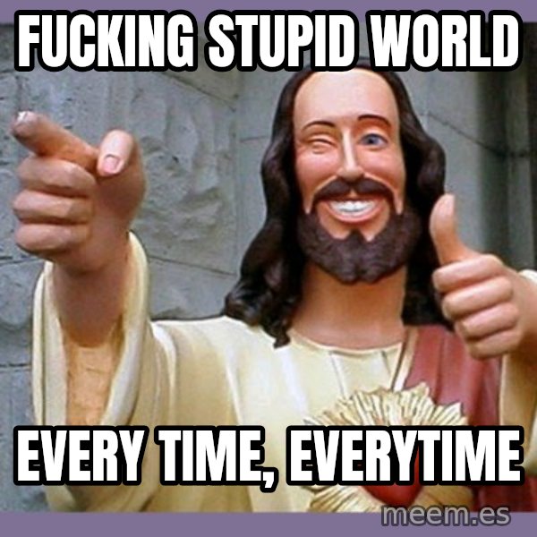 buddy jesus meme: fucking stupid world / every time, everytime
