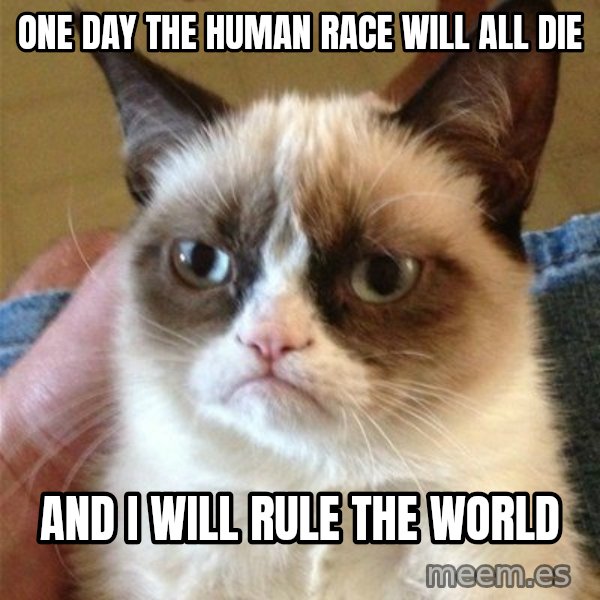 Grumpy Cat  meme: one day the human race will all die / AND I WILL RULE THE WORLD