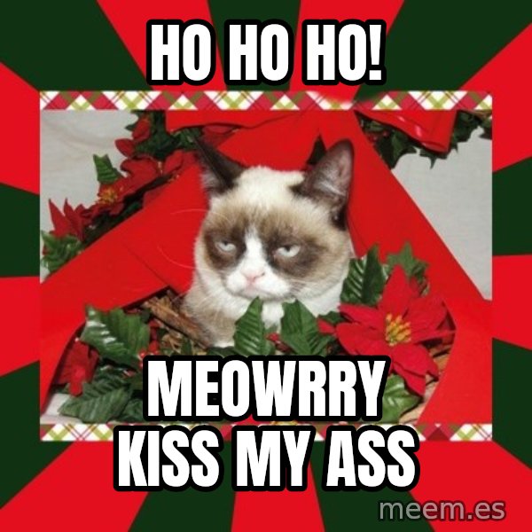 GRUMPY CAT ON CHRISTMAS meme: ho ho ho! / meowrry kiss my ass