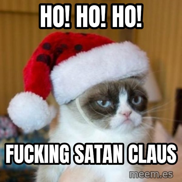 Grumpy Cat Santa Hat meme: Ho! Ho! Ho! / fucking Satan Claus