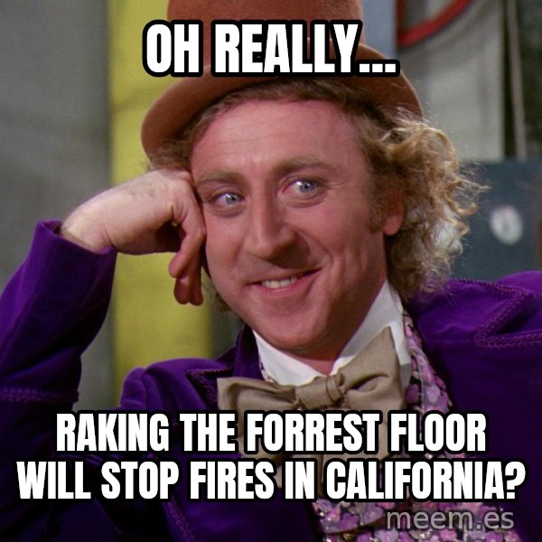 Willy Wonka meme: Oh really... / Raking the forrest floor will stop fires in California?