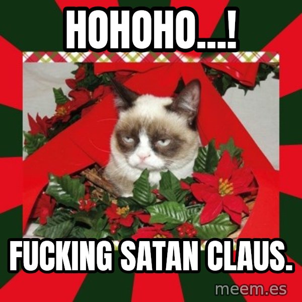 GRUMPY CAT ON CHRISTMAS meme: Hohoho...! / Fucking Satan Claus.