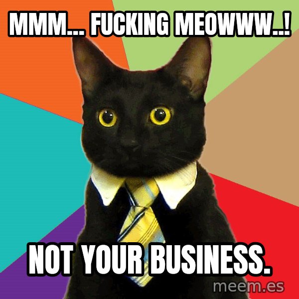 Business Cat meme: Mmm... fucking meowww..! / Not your business.
