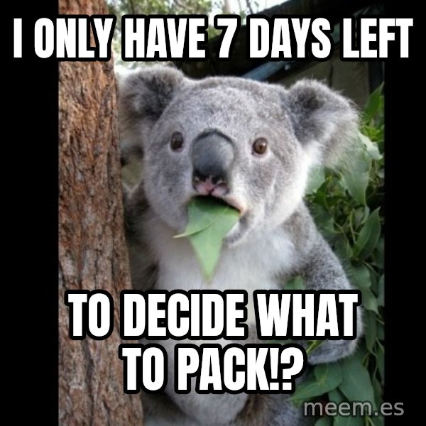 Koala can't believe it meme: I only have 7 days left / to decide what to pack!?