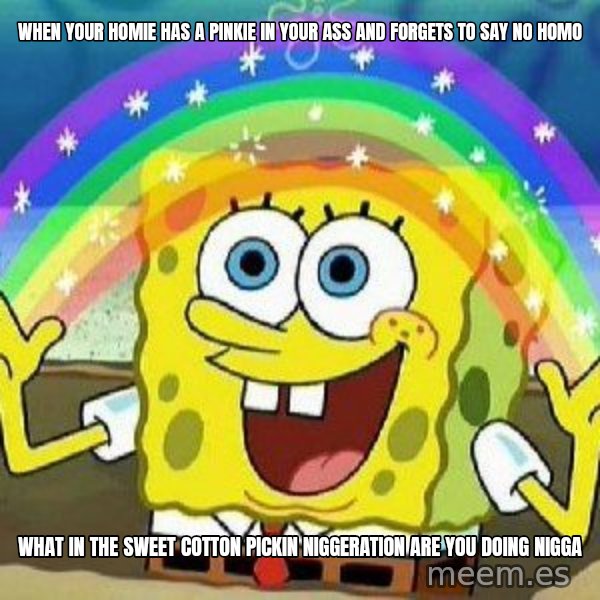 Imagination meme: When your homie has a pinkie in your ass and forgets to say no homo / What in the sweet cotton pickin niggeration are you doing nigga