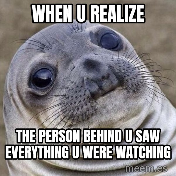 Awkward Seal meme: When u realize / the person behind u saw everything u were watching