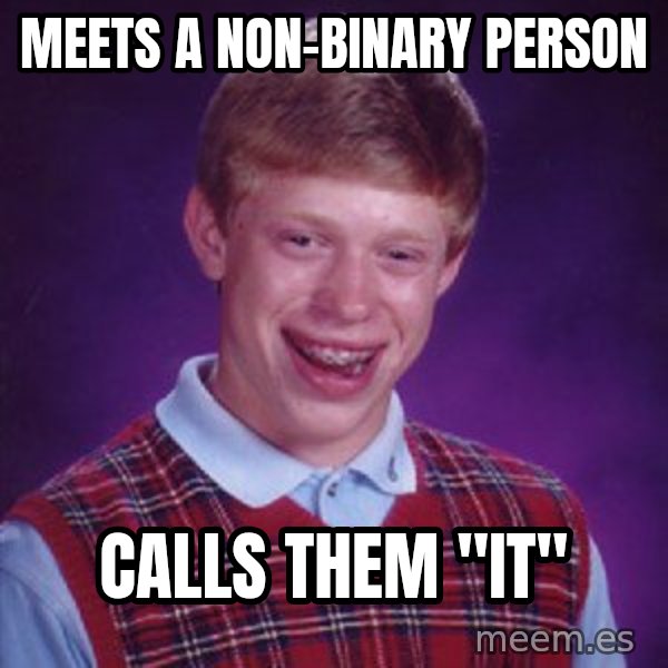 Bad Luck Brian meme: Meets a non-binary person / calls them "it"