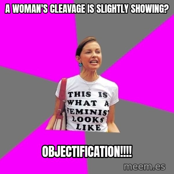 Feminist Cunt meme: A woman's cleavage is slightly showing? / OBJECTIFICATION!!!!