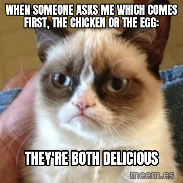 Grumpy Cat  meme: When someone asks me which comes first, the chicken or the egg: / They're both delicious