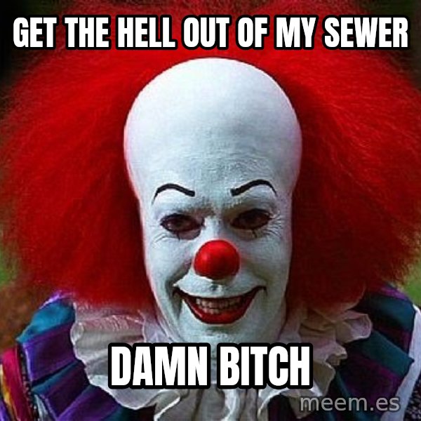 Pennywise the Clown meme: get the hell out of my sewer / damn bitch