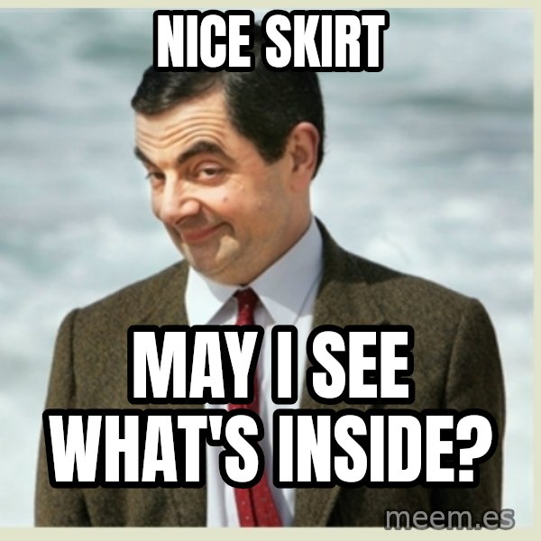MR bean meme: Nice skirt / May I see what's inside?
