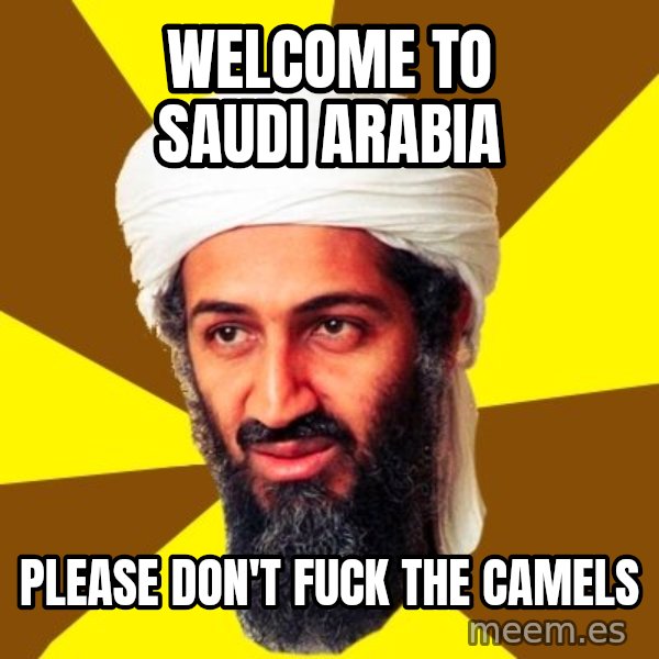 Osama meme: Welcome to Saudi arabia / Please don't fuck the camels