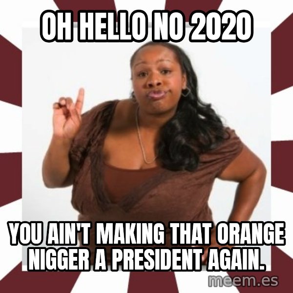 Sassy Black Woman meme: Oh hello no 2020 / You ain't making that orange nigger a president again.