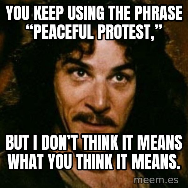 You keep using that word, I don't think it means what you think it means meme: You keep using the phrase “peaceful protest,” / but I don’t think it means what you think it means.