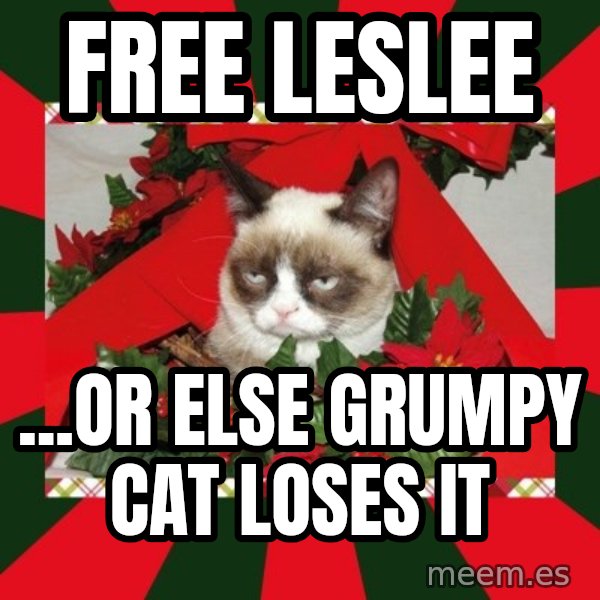 GRUMPY CAT ON CHRISTMAS meme: Free Leslee / ...or else Grumpy Cat loses it