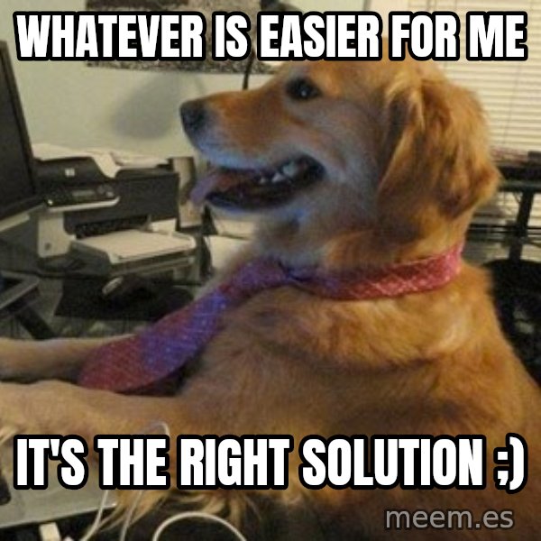 I have no idea what I'm doing - Dog with Tie meme: whatever is easier for me / it's the right solution ;)
