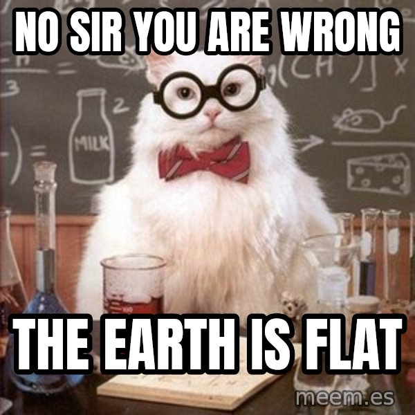 Chemistry Cat meme: no sir you are wrong / the earth is flat