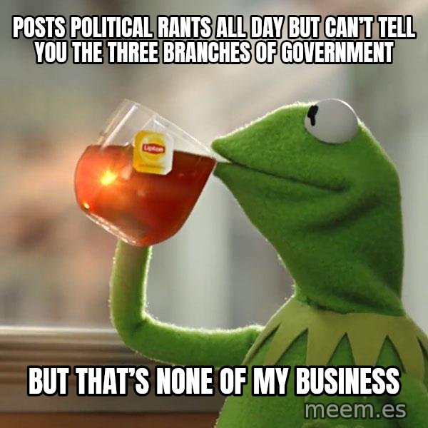 Kermit The Frog Drinking Tea meme: Posts political rants all day but can’t tell you the three branches of government / But that’s none of my business