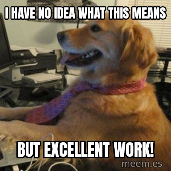 I have no idea what I'm doing - Dog with Tie meme: I have no idea what this means / But excellent work!