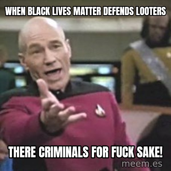 Captain Picard meme: when black lives matter defends looters / there criminals for fuck sake!