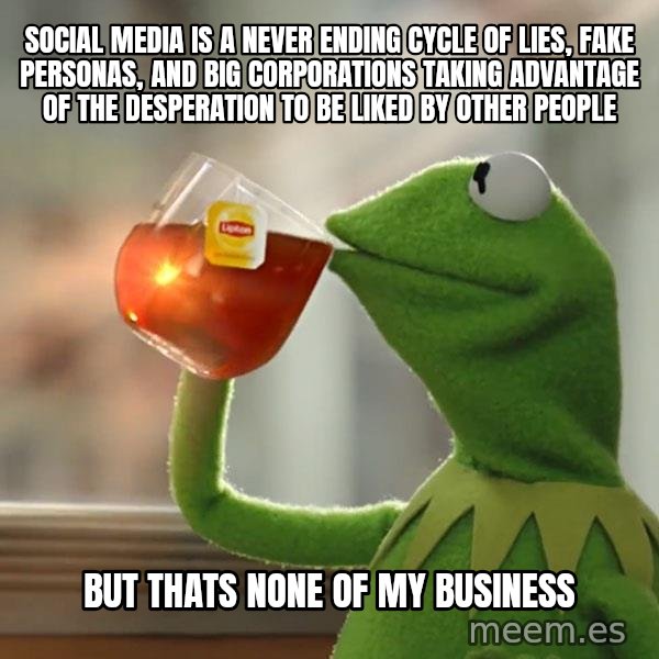 Kermit The Frog Drinking Tea meme: Social media is a never ending cycle of lies, fake personas, and big corporations taking advantage of the desperation to be liked by other people / But thats none of my business