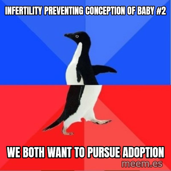 Socially Awkward to Awesome Penguin meme: Infertility preventing conception of baby #2 / we both want to pursue adoption