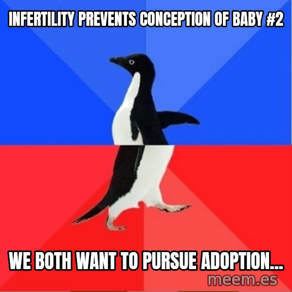 Socially Awkward to Awesome Penguin meme: infertility prevents conception of baby #2 / we both want to pursue adoption...