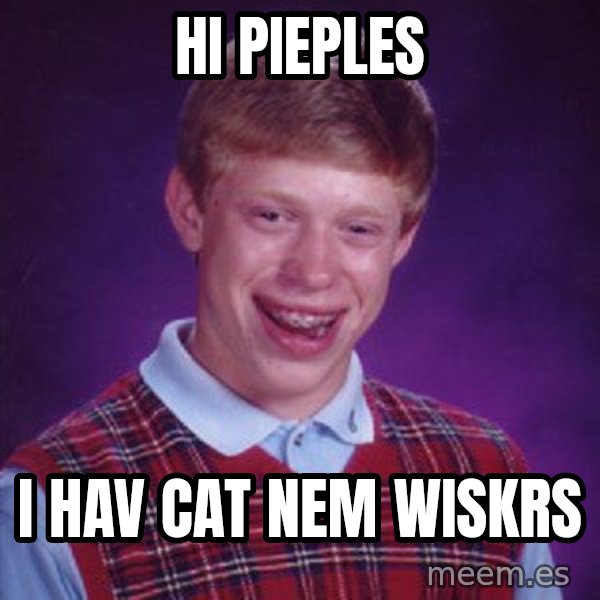 Bad Luck Brian meme: hi pieples / i hav cat nem wiskrs
